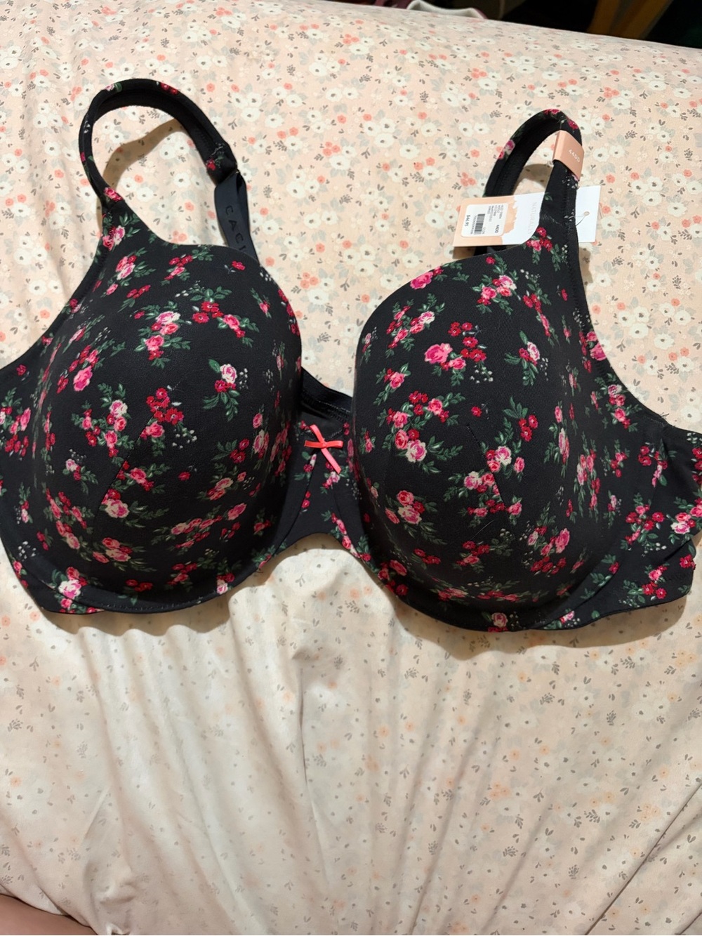 Cacique Black Bra with Pink & Green Floral Print